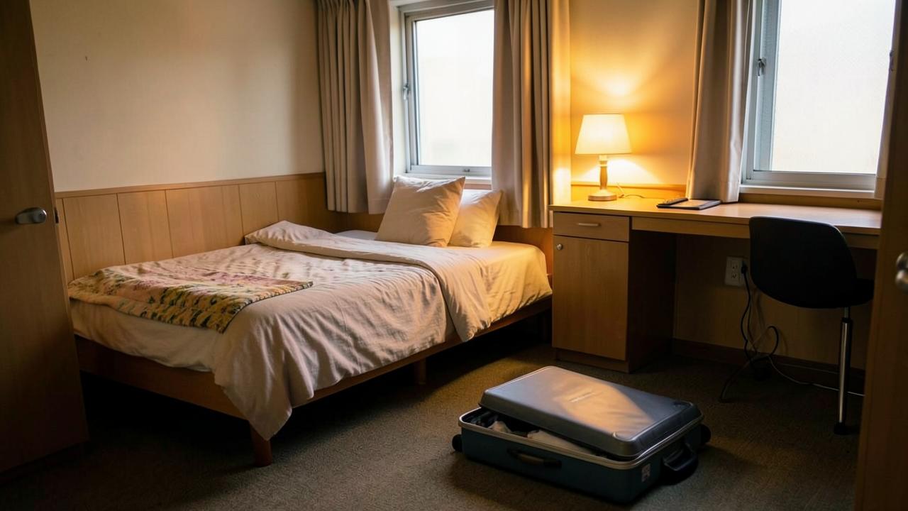 한국 대학 기숙사 방과 반쯤 풀린 여행 가방
